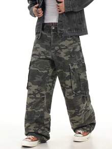 1件装 Justice Brother 街头迷彩多口袋宽松阔腿牛仔裤，男士休闲街头服饰 - 軍綠色 - 查看 9