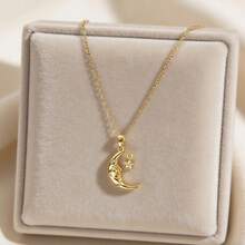 1pc Stainless Steel Star & Moon Necklace, Romantic & Dreamy, Elegant & Classic, Stylish & Graceful, Suitable For Star & Moon Theme, Daily, Commute, Date, Party, Gift (OPP Bag Packaging) - Yellow Gold - View 1