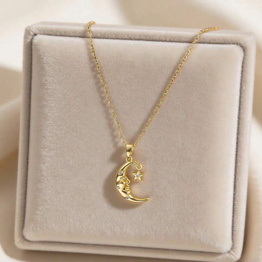 1pc Stainless Steel Star & Moon Necklace, Romantic & Dreamy, Elegant & Classic, Stylish & Graceful, Suitable For Star & Moon Theme, Daily, Commute, Date, Party, Gift (OPP Bag Packaging) - Yellow Gold - View 1
