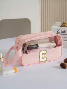 1PC Transparent PVC Toiletry Bag For Makeup Tools Letters Makeup Bag Water-Proof Portable Chenille Letter Zipper Make Up Organizer Minimalist Initial Letter Patch Travel Toiletry Bag For Women For Bathroom Monogram Wash Bag (Letter A~Z) Gift For Mom Beach Bag Beach Essentials Beach Towel Organizer Beach Accessories Beach Stuff Holiday Bag Holiday Essentials For Winter And Fall For Vacation Valentine's Day - Pink - Small - View 3