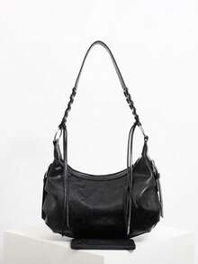 1 时尚女士纯色优雅新月形手提包，流苏多功能购物斜挎包，配有独特的编织肩带。 - 黑色 - 查看 5