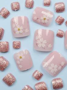 24 móng giả vuông ngắn, họa tiết hoa hồng hồng và kim tuyến lấp lánh, kiểu dáng tối giản, làm từ hợp kim crom, thích hợp cho ngày Valentine (bao gồm: 1 gel dẻo và 1 dũa móng), phù hợp cho nữ sử dụng hàng ngày, hẹn hò, dự tiệc. - Nhiều màu - Xem 4