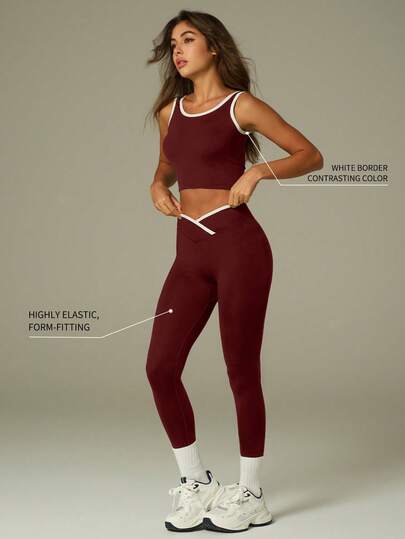 UONNOU 女士无袖上衣和紧身裤两件套运动套装，采用蜜桃提臀设计，收腰剪裁，面料柔软舒适，适合网球、高尔夫、羽毛球、球类运动、瑜伽、普拉提、轻度运动、健身房锻炼、跑步、户外休闲、通勤、工作、购物以及各种运动场合，时尚无缝运动套装，四季皆宜。