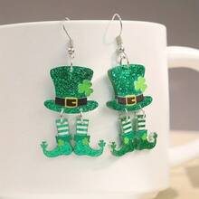 1 Pair 2D Retro Style St. Patrick's Day Lucky Four-Leaf Clover Green Boots Irish Earrings, Acrylic Pendant With Stainless Steel Fish Hook, Sparkling Clover Top Hat Design, Suitable For All Seasons Festival Daily Wear, Quirky Earrings - Multicolor - View 4