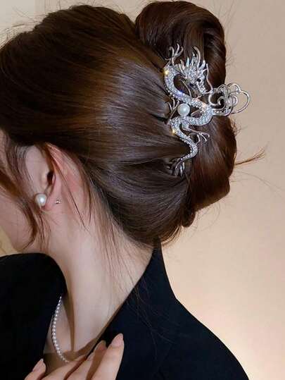 1 pieza Clip para el cabello con forma de dragón de estilo chino para mujeres, incrustado con rhinestones y perlas, adecuado para trenzar. Clip para el cabello, accesorio para el cabello. Elegante clip de garra de moda. Clips de garra de moda, garras para el cabello elegantes, pinza de cabello casual