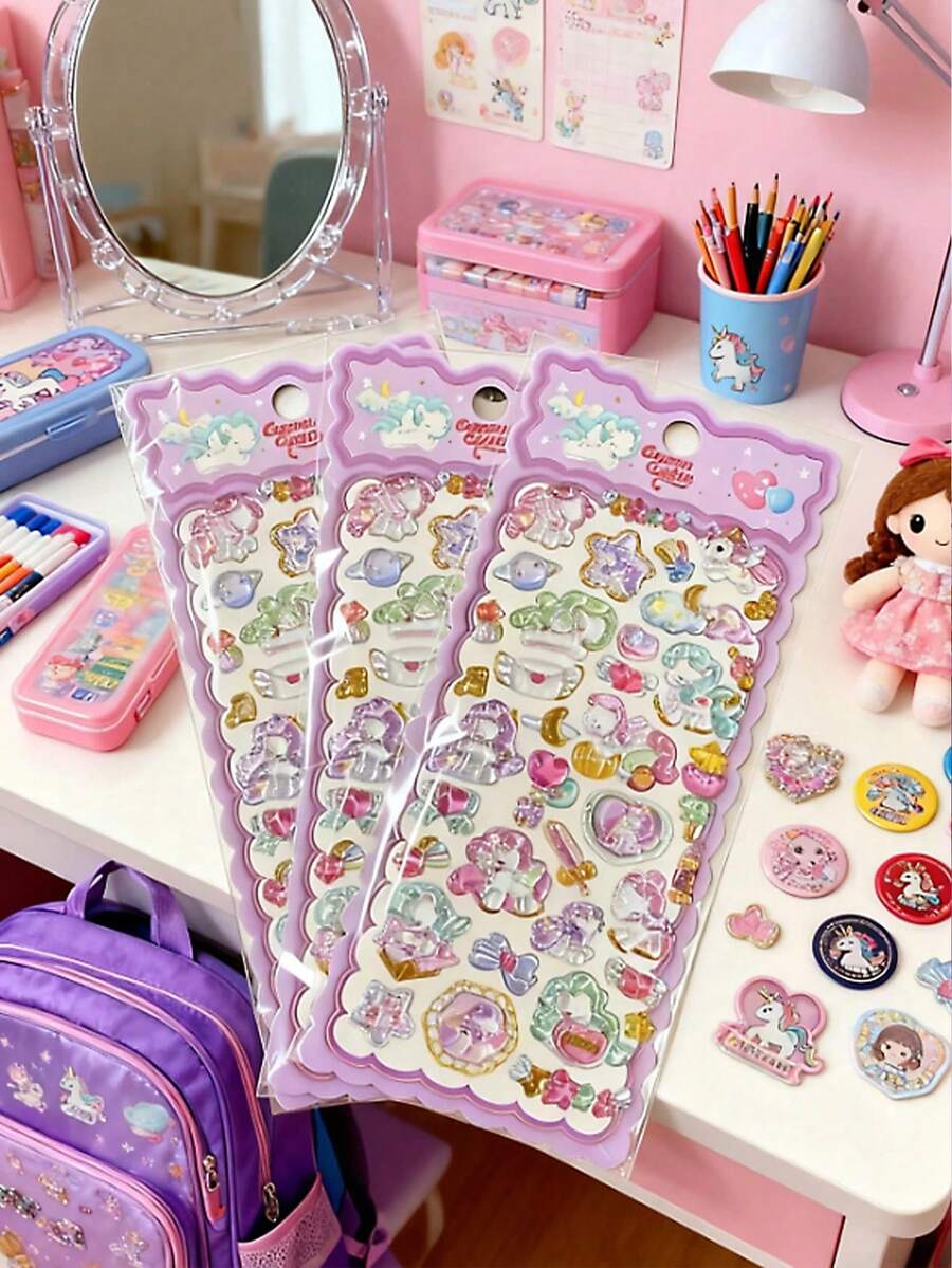 3D可爱贴纸 - 可爱猫咪、动物和奇幻主题，薄透明贴纸，带闪亮金色点缀，4款设计套装，适合剪贴簿和手机壳装饰（随机发货） - 彩色 - 查看 1