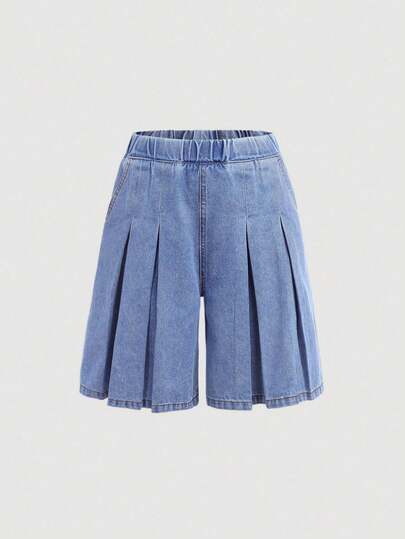 Tween Girl Washed Pleated Loose Straight Leg Denim Short, Short & Long Styles, Summer Music Festival