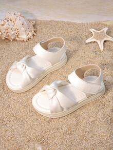 1双儿童公主优雅蝴蝶结软垫露趾魔术贴凉鞋，厚底温柔款式，适合生日派对、亲子郊游、日常上学、海滩、暑假等场合。 - 白色 - 查看 3