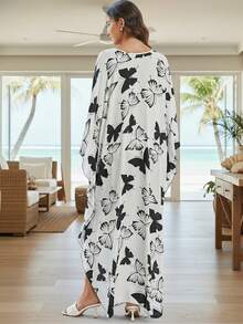 Elegancki Kaftan 2026 Wiosna/Lato Damski Boho Motylowy Nadruk Kaftan z Dekoltem w Serek Luźne Kimono Narzutka Na Plażę Strój Kąpielowy Strój Wypoczynkowy - Biały - Zobacz 2