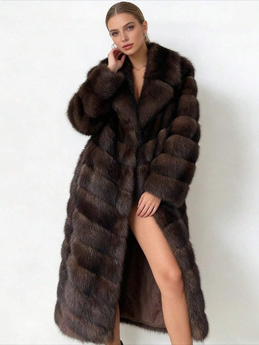 Women's Elegant Artificial Fur Coat, Vintage Collar Fluffy Plush Long Coat, Winter Fashion - 棕色 - 查看 1