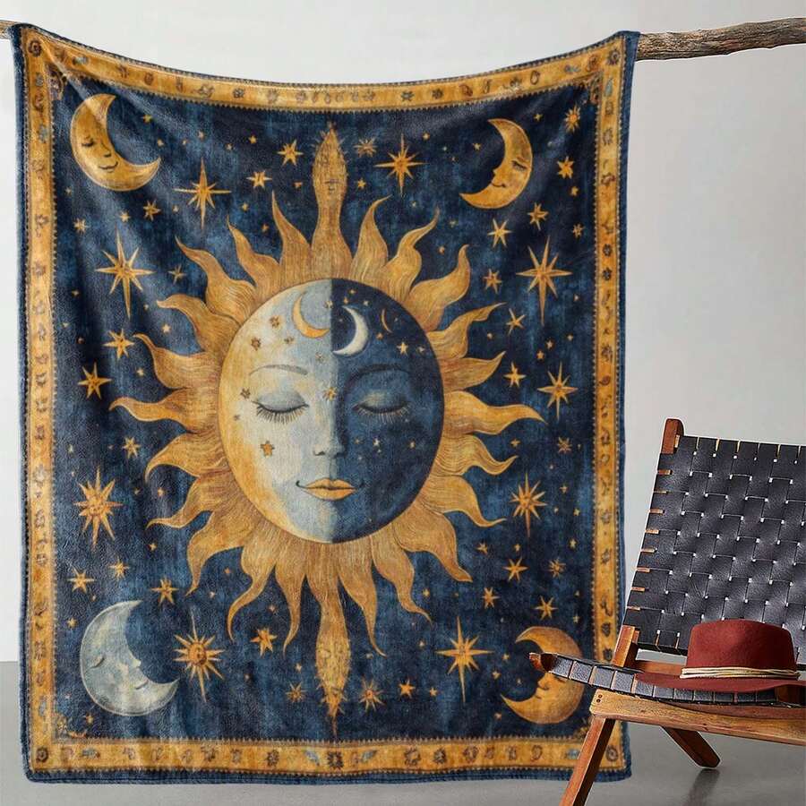 Retro Moon, Star And Sun Printed Blanket,Super Soft Flannel Printed  Blanket,As Birthday Gifts, Family, Wedding, Souvenir Blankets, Polyester Blankets Suitable For All Seasons, Washable, Machine Washable, Lightweight, Breathable, Comfortable, Warm, Unique, 280gsm For Him, Her Personalized Ideal Gifts For Her, Him, Family, Boyfriend, Girlfriend, Father, Family, Mother, Lover, Daughter, Son, Grandfather, Grandmother, Teacher,Doctor, Nurse,Friend, Classmate, Pet. Perfect Nap, Camping, Travel, Home, Daily Life, Office Decoration, Birthday, Anniversary, Valentine's Day, Thanksgiving, Graduation Season,Christmas, Halloween, Mother's Day, Father's Day, Wedding, New Year Gifts ,Sofa,Bed,Car,Bedroom,Living Room,Office,  Outdoor Camping, Beach,Wall Decoration - 多色14 - 查看 1