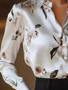 Áo sơ mi satin twill dài tay cỡ lớn, cổ bẻ thanh lịch, phù hợp mặc công sở và đi chơi, mùa xuân/thu - Màu be - Xem 2