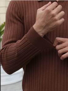 Men's Quarter-Zip Rib-Knit Pullover Sweater, Soft Casual Knit Top For Autumn & Winter - 棕色 - 查看 6