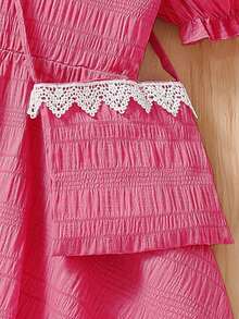 1 Set Girls Casual Floral Ruffle Collar Puff Sleeve Dress + Matching Simple Versatile Bag - Hot Pink - View 4