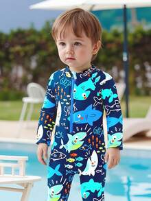 Baby Boys Print One-Piece Rash Guard, Long Sleeve Swimsuit, Quick Dry Beach Outfit For Spring/Summer Swimming Pool & Beach - Navy Blue - View 1
