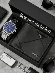 2pcs Men's Stylish Black Textured Watch Set, Includes 1 Multifunctional Quartz Watch And 1 Black Textured Wallet. Featuring Black Metal Strap And Embossed Stitched Leather Design, Sophisticated And Fashionable, Showcasing Masculine Charm. - Black - View 18