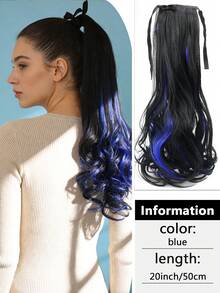 Wavy Curly Ponytail Extensions - 16"-24" Heat Resistant Synthetic With Drawstring, Black Blue Highlights For Holiday Parties Daily Glam - Two-Tone - View 16