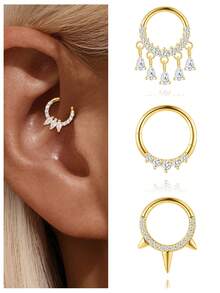 1Pc 925 Sterling Silver Classic Geometric Elements Cubic Zirconia Helix Hoop Hypoallergenic Pure Silver Nose Piercing Suitable For Women For Daily, Dates, Vacation, Wedding, Party, Holiday Gift - Gold - View 12