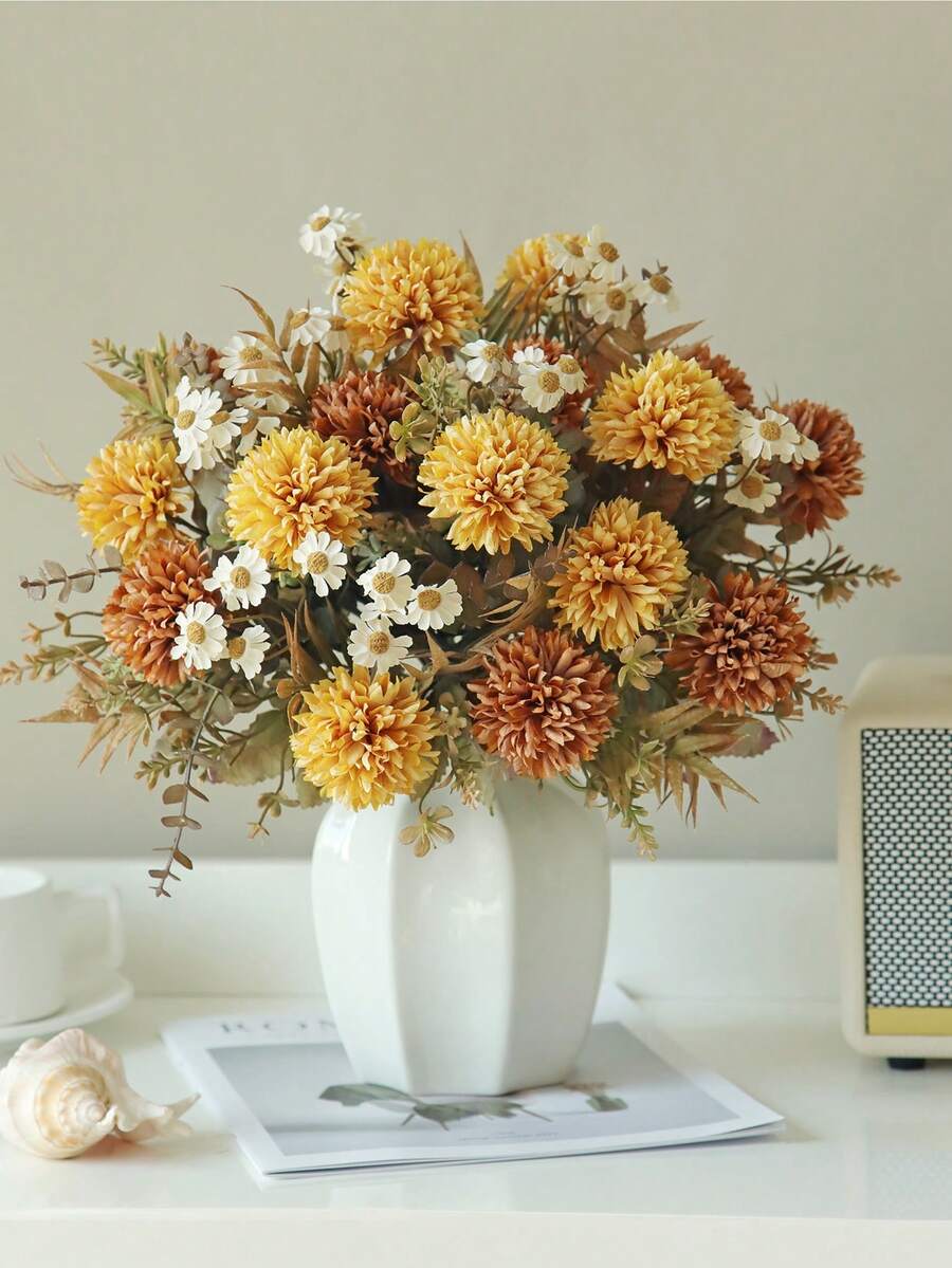 1/80pcs 11.81 Inch Artificial Flowers, Hydrangea, Daisy, Mixed Floral, Fake Plants, Suitable For Spring Wedding, Bridal Shower, Home DIY Decor, Party Table Decor, Home Decor, Valentine's Day Decor, Wedding Arch Decor, Room Decor, Kitchen Decor, Dining Table Centerpiece, Office Decor, Valentine's Gift, Ramadan Decor - Yellow - View 1