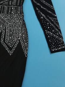 Women's Glamorous Crystal-Embellished Jumpsuit - Deep Long Sleeve Evening Gown With Sheer Panel & Crystal-Adorned Hem, Solid Black Luxury Jumpsuit For Party Gatherings, Weddings, Galas & Proms - Elegant Formal Attire For Women, Structured Fit, Year-Round Wear, Sparkling Rhinestone Detailing, Long-Sleeve Design, Suitable For Mature Occasions, Solid Color Jumpsuit, Semi Formal Outfit For Women, Evening Dresses Women Elegant Formal, Elegant Wedding Guest Dress - 黑色 - 查看 9