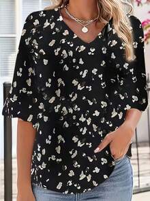 女士宽松印花荷叶袖休闲度假衬衫 - 黑色 - 查看 1