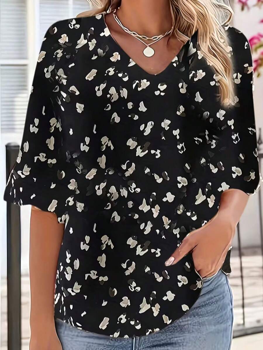 女士宽松印花荷叶袖休闲度假衬衫 - 黑色 - 查看 1