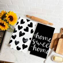 2 khăn lau bếp, khăn lau bát đĩa siêu thấm hút bằng sợi microfiber in hình trái tim đen và chữ "HOME", hình chữ nhật 40*60cm, thích hợp làm khăn lau bát đĩa, khăn lau tay, quà tặng trang trí nhà bếp ngày Valentine hoặc quà tân gia. - màu đen - Xem 6