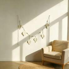 1pc Macrame Wall Hanging, Boho Style Curtain Decor, Handwoven Wood Bead Leaf Tassel Wall Tapestry, Background Decor For Wall, Headboard, Bed - Beige - View 2