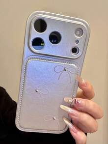 Soft Pink Leather Bowknot Protective Case Compatible With IPhone 17 Pro Max, 17, 16 Pro, 14, 13, 15, Shockproof And Stylish - Silver - View 5