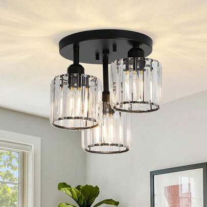 Crystal Semi Flush Mount Ceiling Light, 3-Light Modern Close To Ceiling Light Fixtures, Black Kitchen Light Fixtures With Clear Crystal Shade, Hallway Light Fixtures For Hallway Bedroom Bathroom, E26