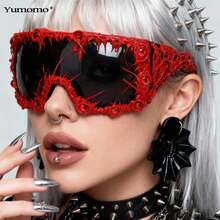 1 Pcs Fashionable Dark Style Decorative Glasses With A Niche Design And Exaggerated Personality, Suitable For Parties And Daily Wear - Black Frame, Gray Lens, Lacquer, Red Eye - View 2