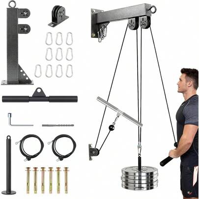 Wall-Mounted Gym Pulley System, Adjustable Cable Training Set For Home Strength Workouts With Handles & Bar