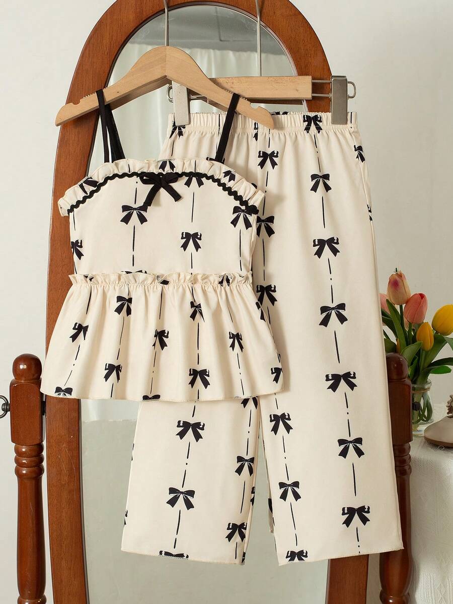 2 pièces/set Top de camisole décoré d'un nœud imprimé et pantalon à taille élastique pour filles, tenue d'été - Nude - Voir 1