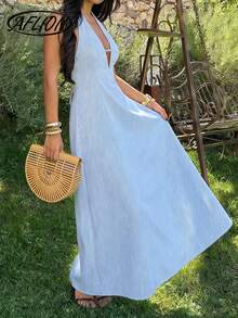 女士夏季蓝色条纹吊带长裙 - 时尚性感Y2K露背荷叶边沙滩裙，适合约会、派对、情人节、海滩度假等场合 - 天藍色 - 查看 8