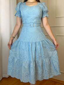 Women's 3-Marias Midi Dress In Elegant Cotton Lace With Belt And Ruffled Hem - Casual Fashion - For Dating Or Weddings - 淺藍色 - 查看 7