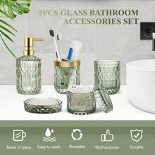 Bộ phụ kiện phòng tắm bằng thủy tinh đính đá Rhinestone 5 món, bao gồm hộp đựng kem dưỡng da, đĩa đựng xà phòng, giá để bàn chải đánh răng, bình đựng cốc và tăm bông, đồ trang trí hiện đại làm quà tặng tân gia Trang trí phòng tắm tại nhà khi trở lại trường - màu xanh lá - Xem 9