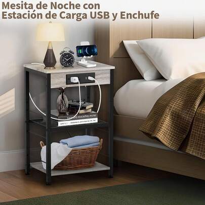 Buro para Recámara con Estación De Carga, Mesa de Noche para Recámara con 2 Enchufes y 2 Puertos USB, Mesita De Noche Retro, Muebles para Recamara, Mesa Auxiliar, Buro para Dormitorio y Sálon