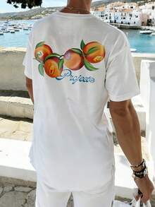 男士夏季时尚简约创意桃子与英文元素印花圆领短袖T恤 | 基础款街头休闲套头衫，百搭男友礼物