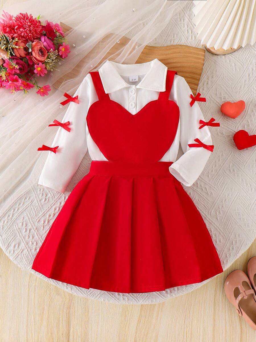 两件套少女可爱前卫3D蝴蝶结长袖上衣和红色爱心吊带裙套装，春秋季 - 白色 - 查看 1