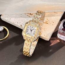 1件装女士坦克系列方形水钻合金表壳罗马数字表盘经典流行时尚石英表 - 金色 - 查看 3
