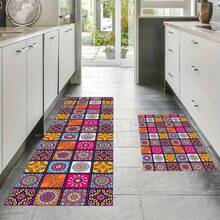 2pcs Set Vintage Bohemian Style Kitchen Floor Mats, Soft Cushion Mats, Anti-Fatigue Kitchen Rugs, Non-Slip Waterproof Kitchen Mats, Ergonomic Comfort Standing Mats For Kitchen, Home, Bathroom, Office - Multicolor - View 1