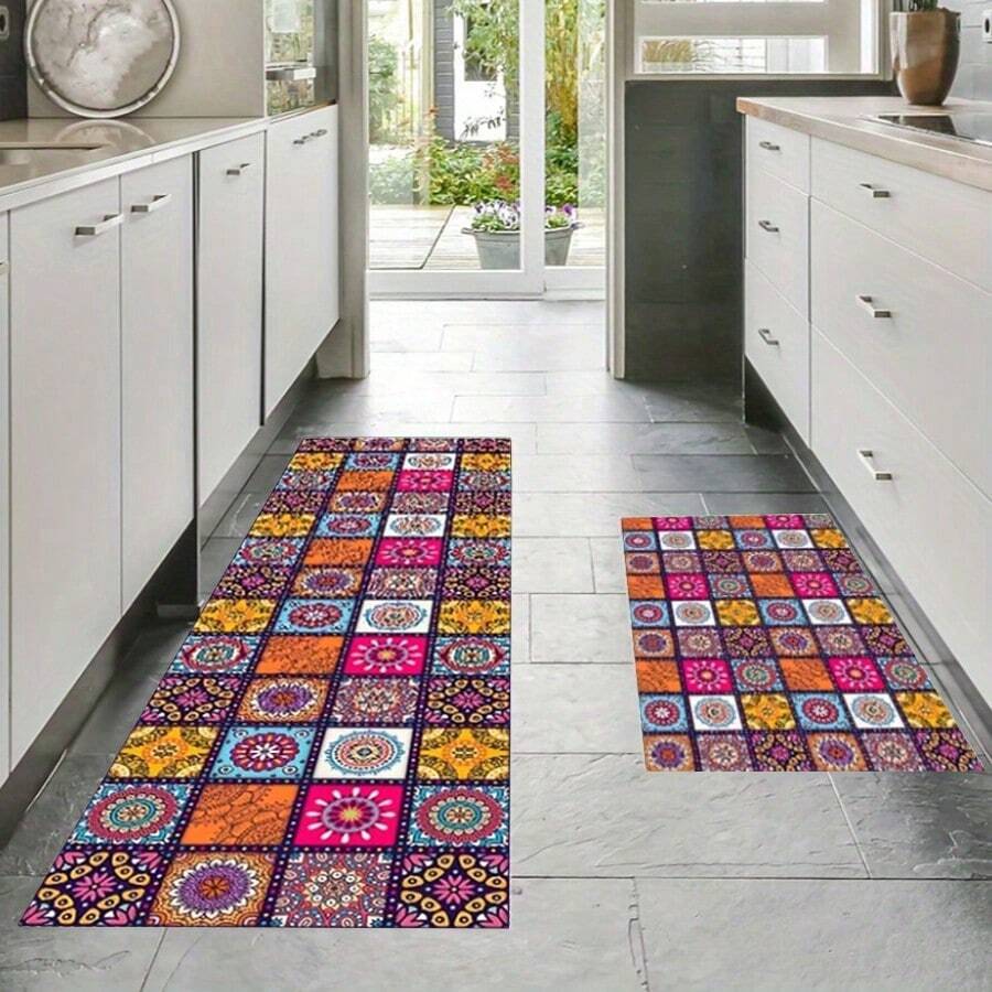 2pcs Set Vintage Bohemian Style Kitchen Floor Mats, Soft Cushion Mats, Anti-Fatigue Kitchen Rugs, Non-Slip Waterproof Kitchen Mats, Ergonomic Comfort Standing Mats For Kitchen, Home, Bathroom, Office - Multicolor - View 1