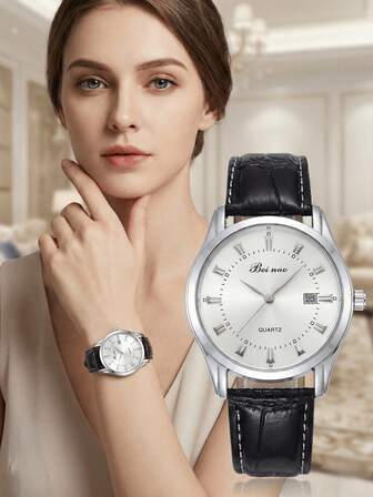 1 st. lyxigt herrarmbandsur med klassisk kalender och kvartsur i äkta läder, herrarmbandsur i presentask, affärspresentklocka, lämplig för vardagsbruk och affärstillfällen