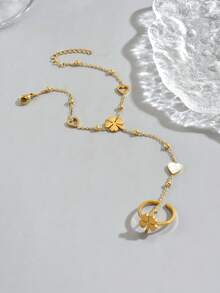 1pc Lucky Four-Leaf Clover Pendant Gold Chain Bracelet, Elegant Stainless Steel Beaded Bracelet, Heart Shell Pendant Bracelet, Waterproof Accessory, Suitable For Women's Daily Wear Or Gift