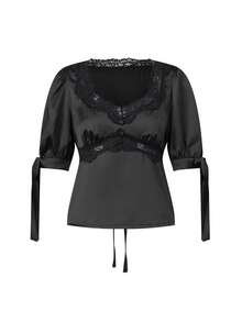 Womens Summer Satin Tops Lace Patchwork Short Puff Sleeves V-Neck Blouse With Adjustable Ribbon Ties - Black - View 5