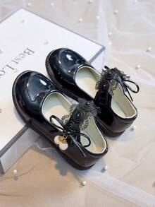 女童公主鞋，珍珠纽扣真皮鞋，软底防滑童鞋，四季透气鞋，儿童吊坠蕾丝边芭蕾舞鞋 - 黑色 - 查看 14