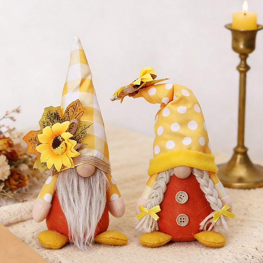 1pc Autumn Sunflower Theme Faceless Gnome Decor Figurine, Rustic Couple Gnome Statue Desktop Decoration, Home Decor, Theme Party Decor, Holiday Gift, Kitchen/Dining Table Decor, Restaurant/Party/Home/Mall/Display Window/Farmhouse Decoration - Multicolor - View 1