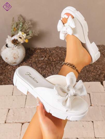 女士蝴蝶结装饰厚底坡跟凉鞋，时尚舒适优雅休闲一脚蹬凉鞋，适合派对、度假等各种场合，厚底坡跟凉鞋
