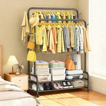 Perchero para Ropa - Closet Armables Doble Nivel de Acero Inoxidable, con Ruedasíbles, Rack para Colgar Ropa y Organizador de Zapatos, 110x145cm Armario Ropero (Negro) - 1 - Ver 7