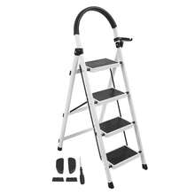 Folding 4 Step Ladder With Handrails | Thick & Sturdy Steel For Indoor Use | Portable Step Stool, White - 白色 - 查看 12